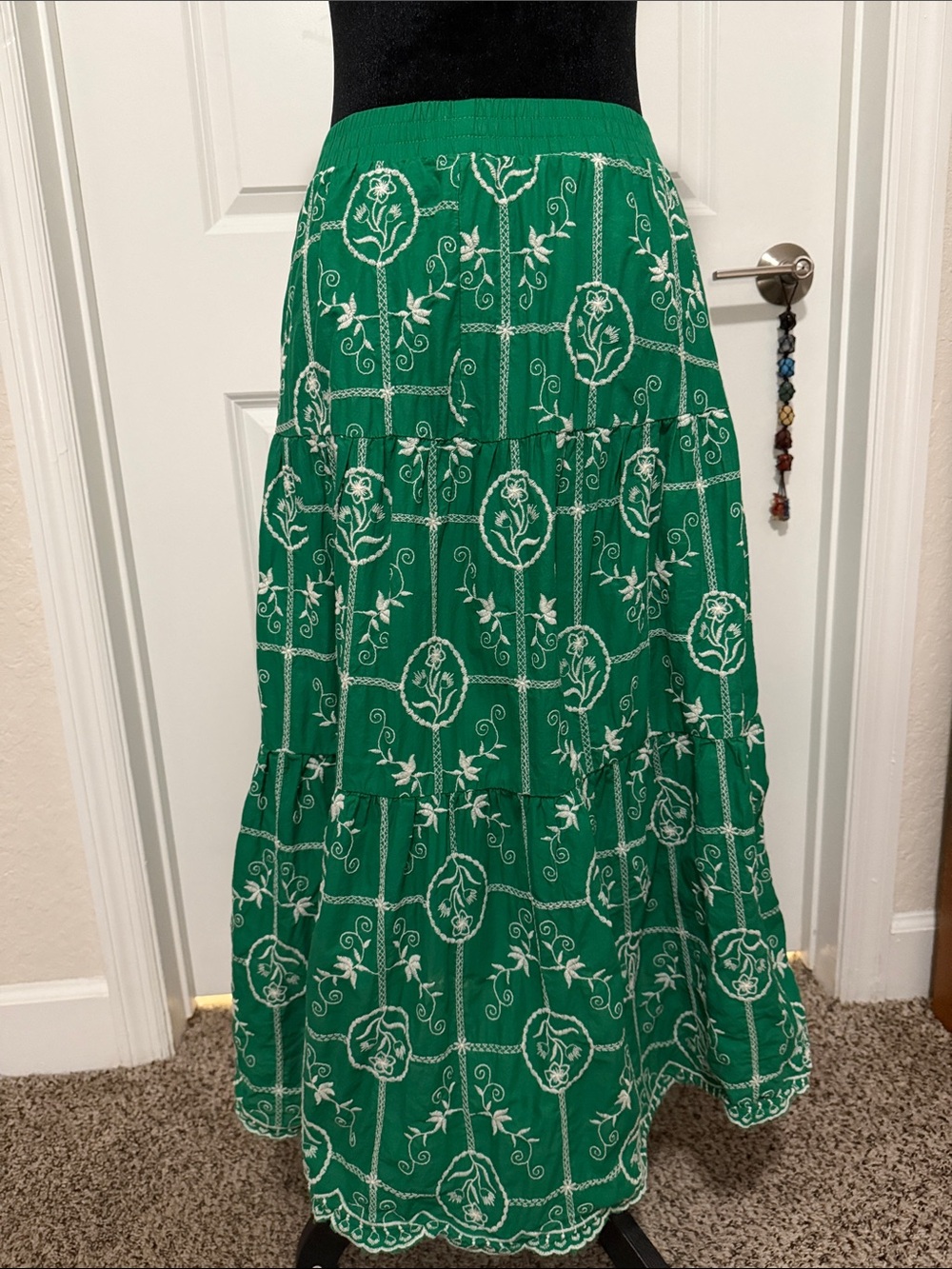 Pinch Emerald Green White Embroidered Tiered Maxi Skirt - Picture 3 of 6